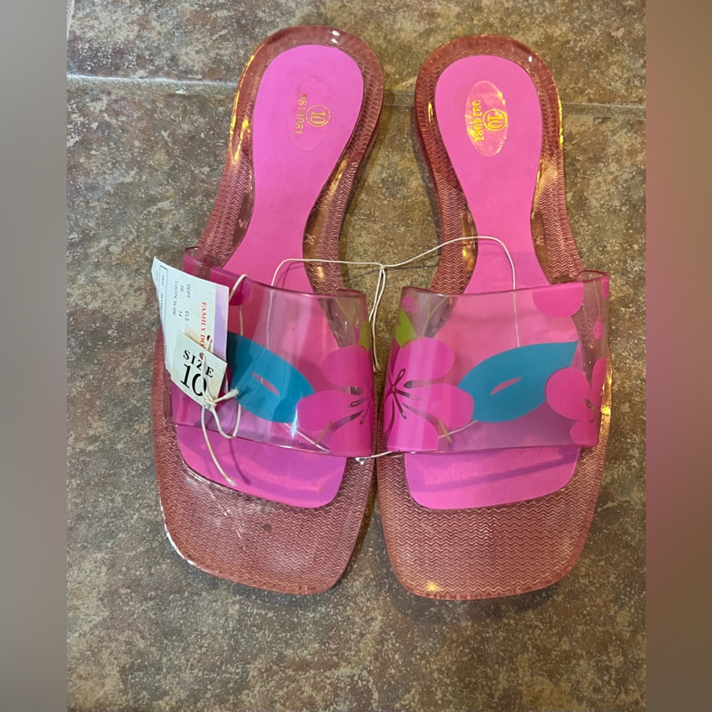 Vintage Pink Floral Hibiscus Lucite Slides Sandals Family Dollar NWT Size 10